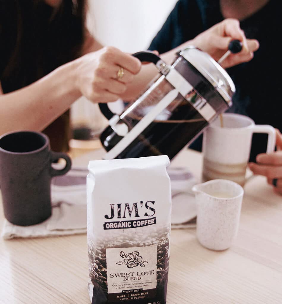 Jim's Organic Coffee Sweet Love Blend steaming cup invites daily ritual and flavor exploration.
