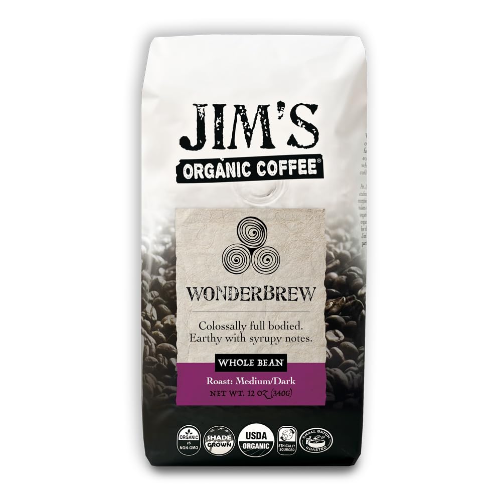 Jim's Organic Coffee Wonderbrew Blend packaging preserves freshness for roaster-fresh flavor.