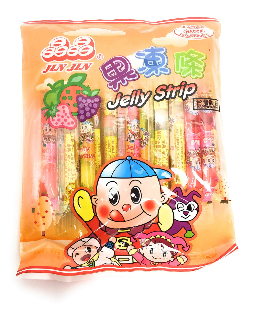 Jin Jin Jelly Strip packshot shows assorted flavors for snack lovers.