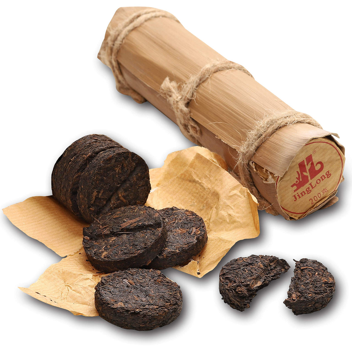Jinglong Tea Factory Pu-erh tube with bamboo leaves for portable tea.