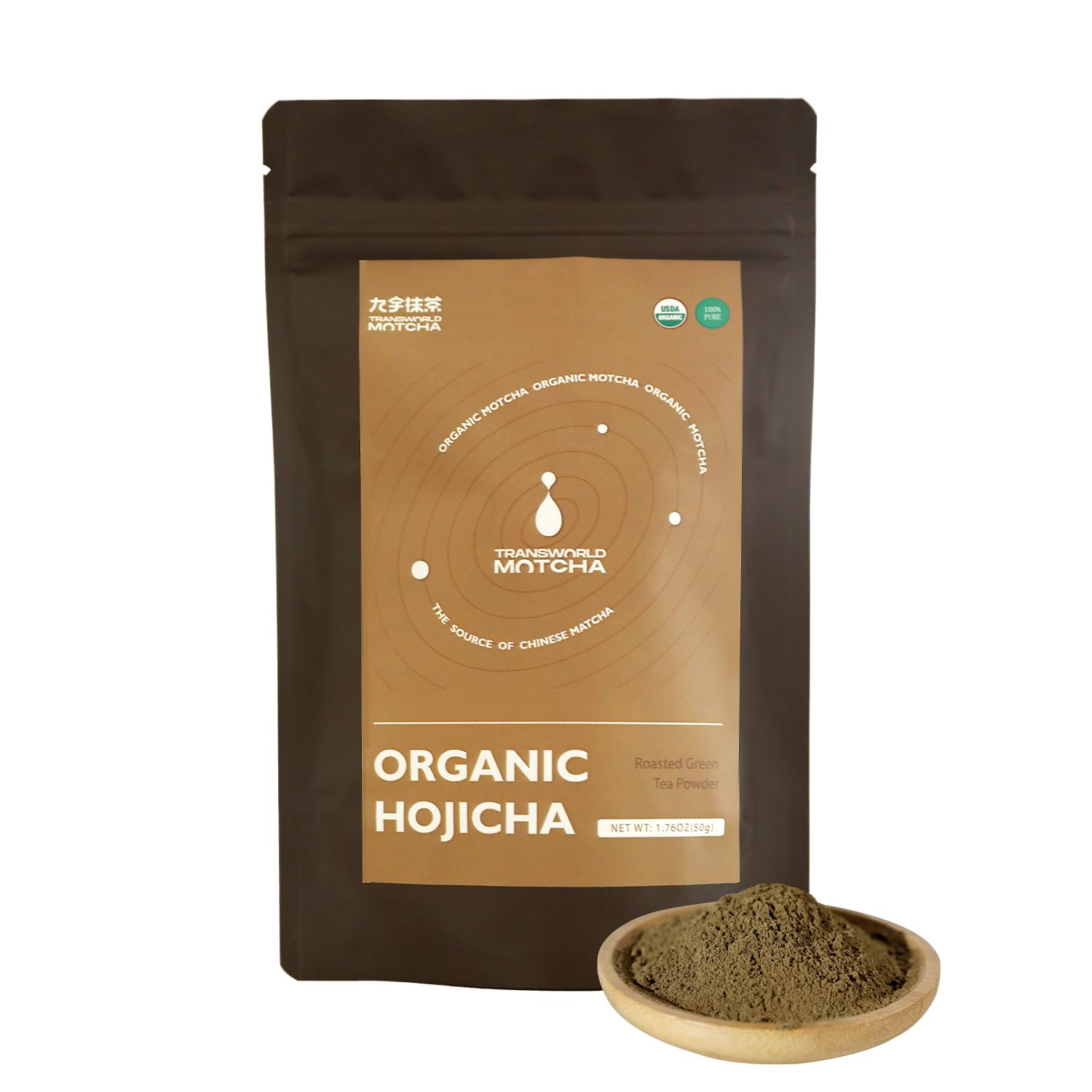 Jiuyu Hojicha powder packaging close-up with organic certification.