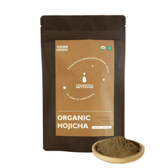 Jiuyu Hojicha powder packaging close-up with organic certification.