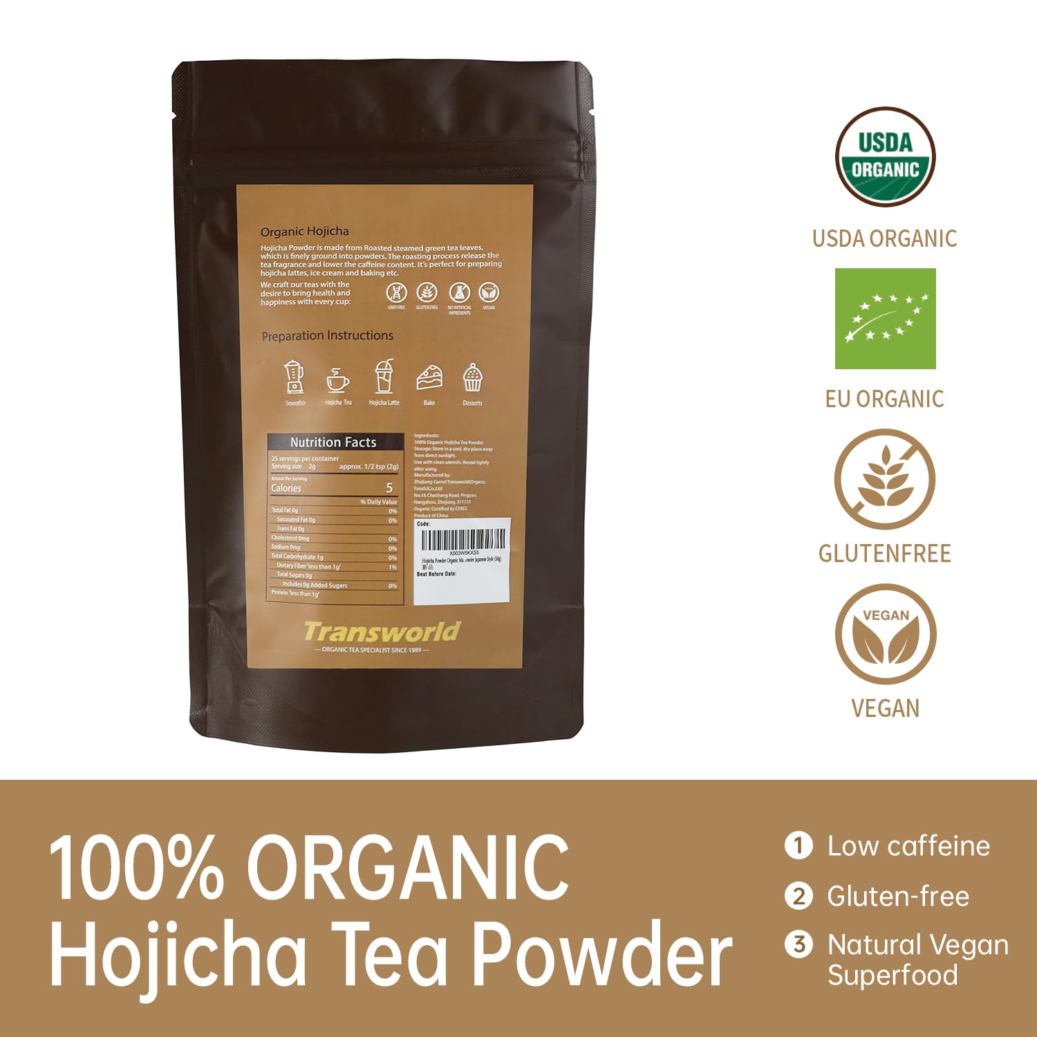 Jiuyu Hojicha powder texture with scoop ideal for baking.