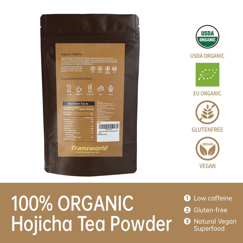 Jiuyu Hojicha powder texture with scoop ideal for baking.