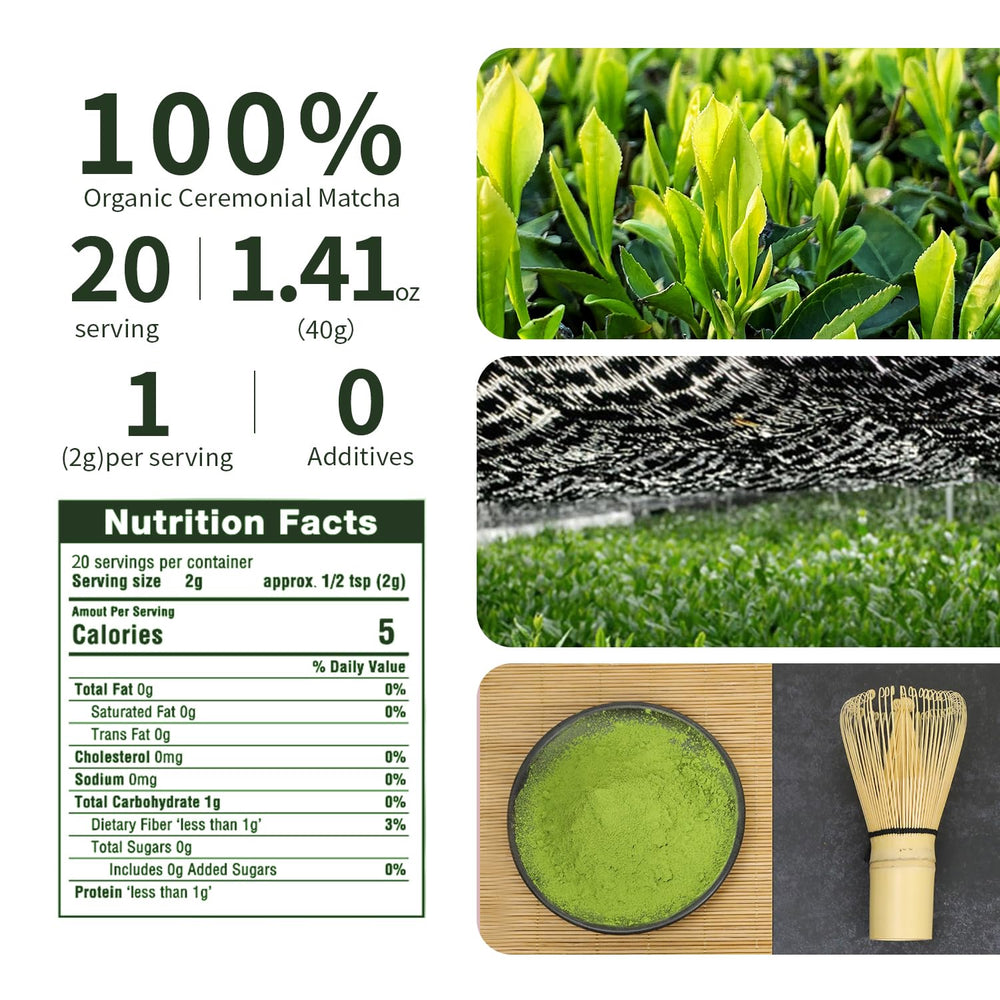 Jiuyu organic matcha packaging closeup emphasizing premium, additive-free powder for daily rituals.
