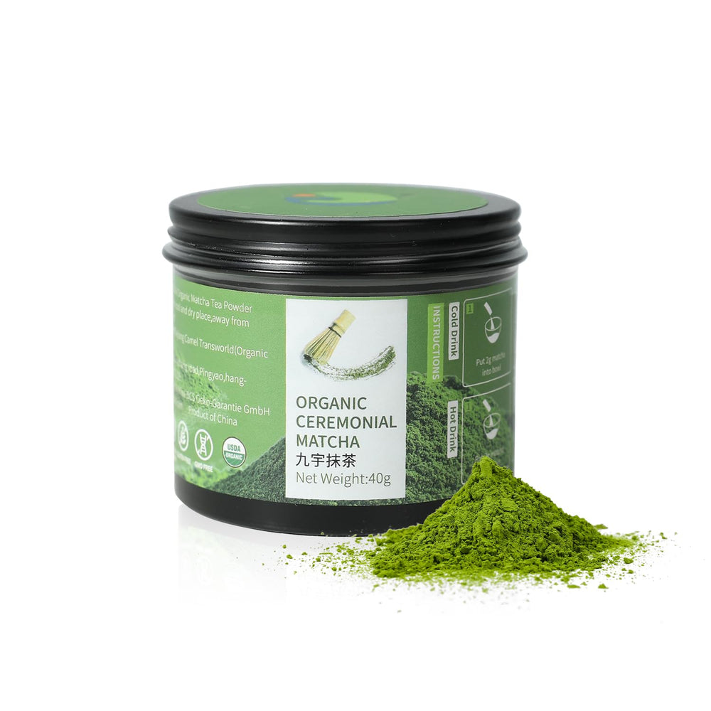 Jiuyu matcha tin front view highlighting ceremonial grade powder for authentic latte preparation.
