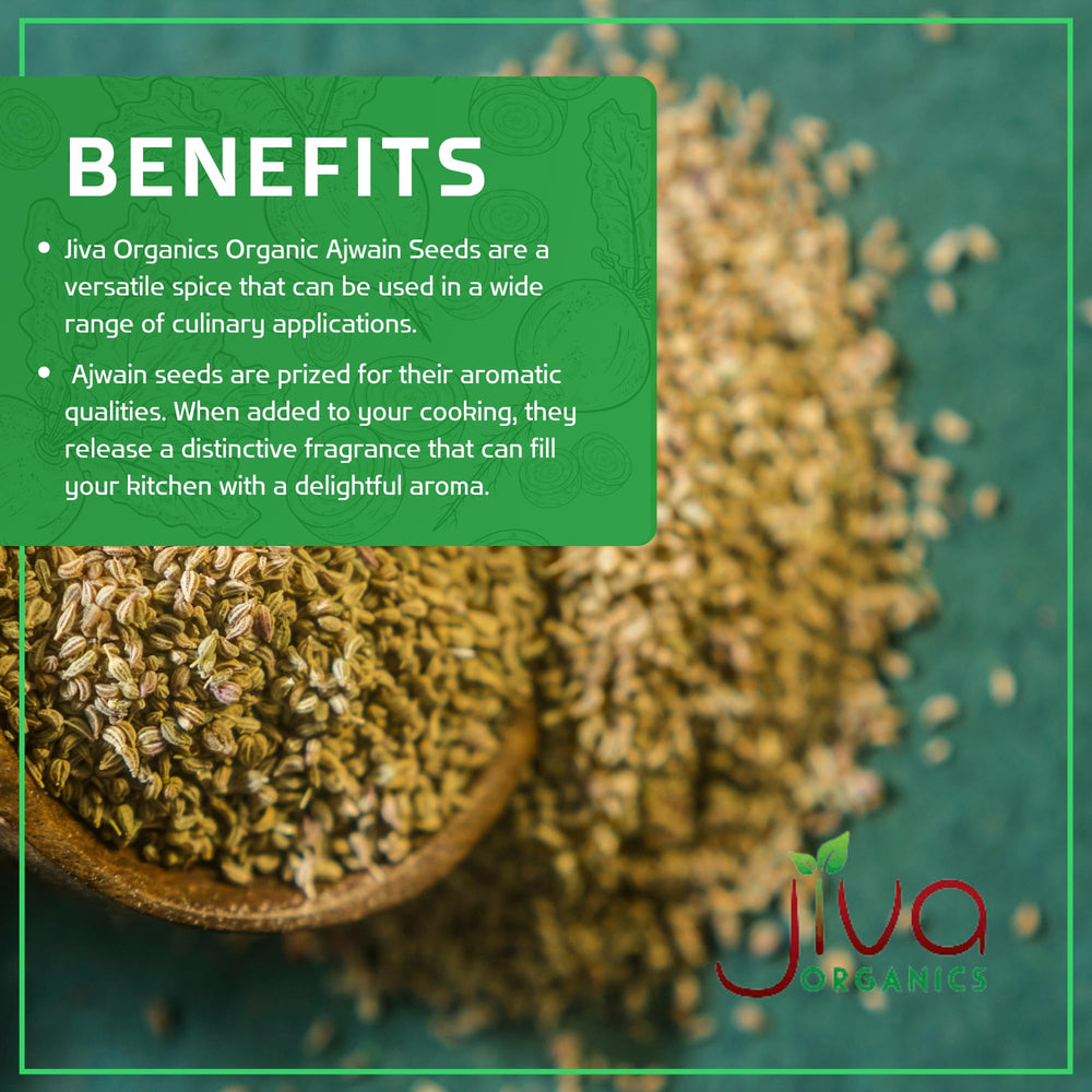 Dry-roasted Jiva Organics Ajwain seeds releasing warm aroma and nutty notes