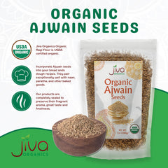 Sealed bag of Jiva Organics Ajwain seeds preserves freshness and purity