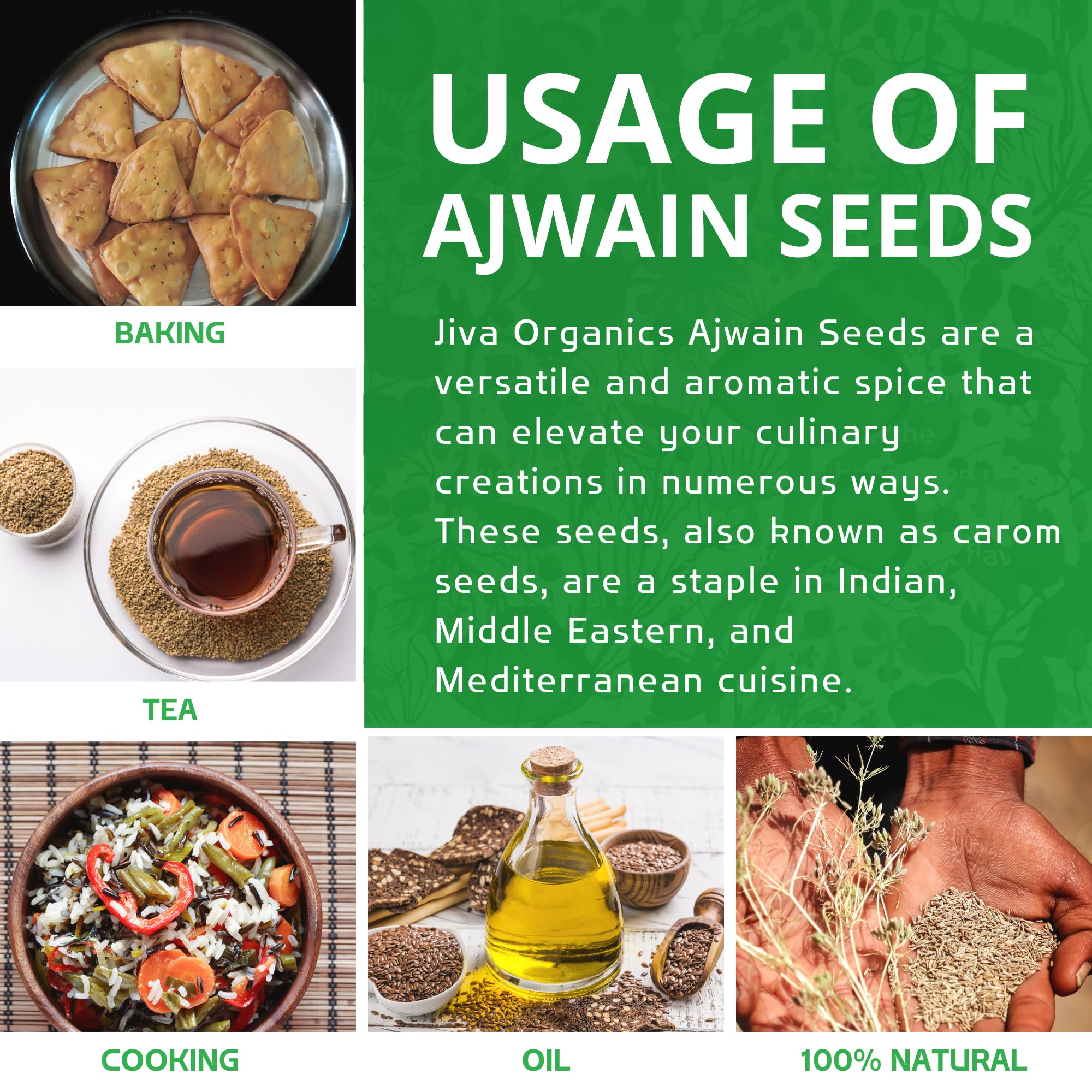 Spice-shelf display featuring Jiva Organics Ajwain seeds for everyday cooking