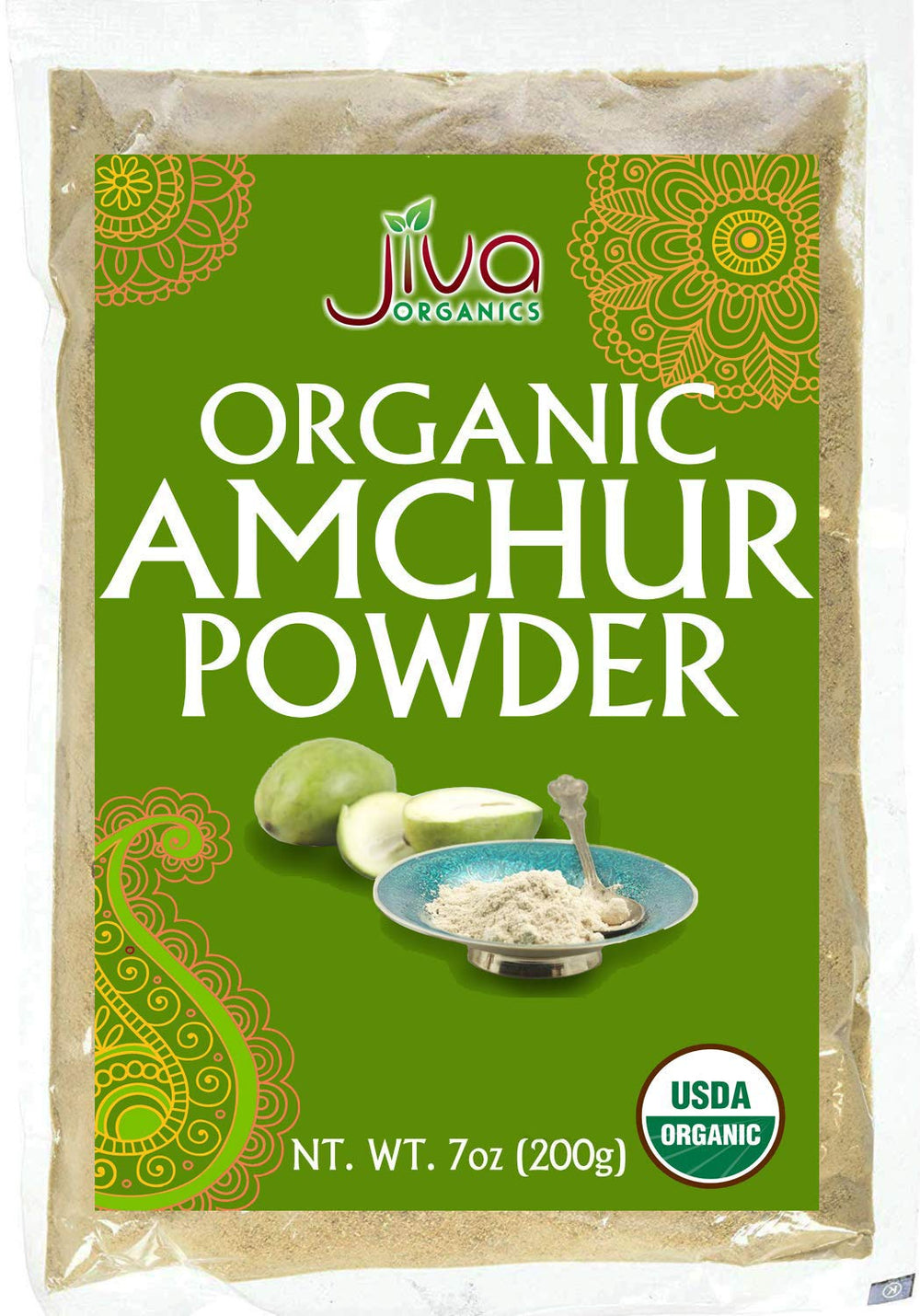 Jiva Organics amchur powder bag shows pure organic mango powder for bright tang in dishes