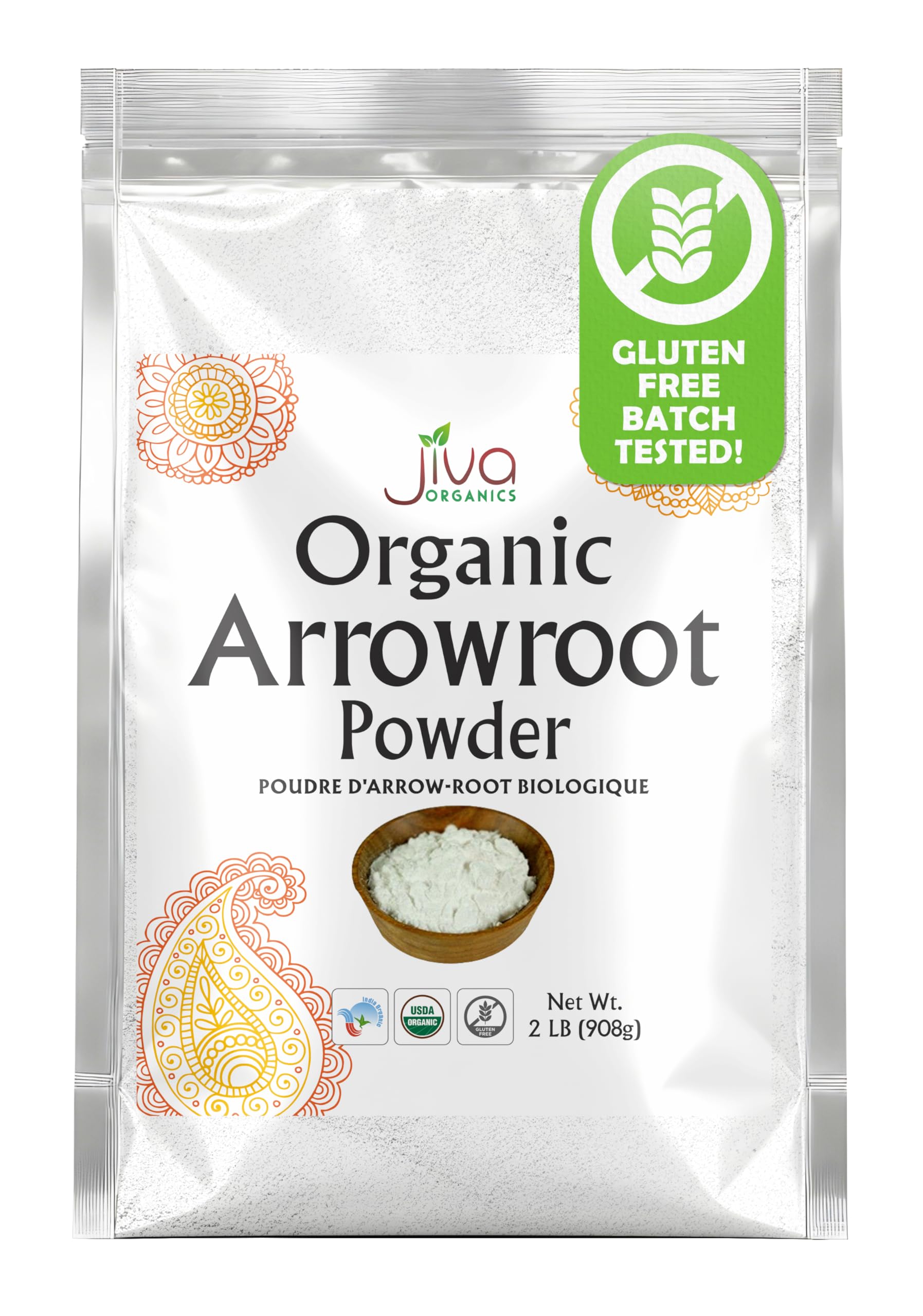 Jiva Organics arrowroot flour powder bag closeup for gluten-free thickening in sauces.