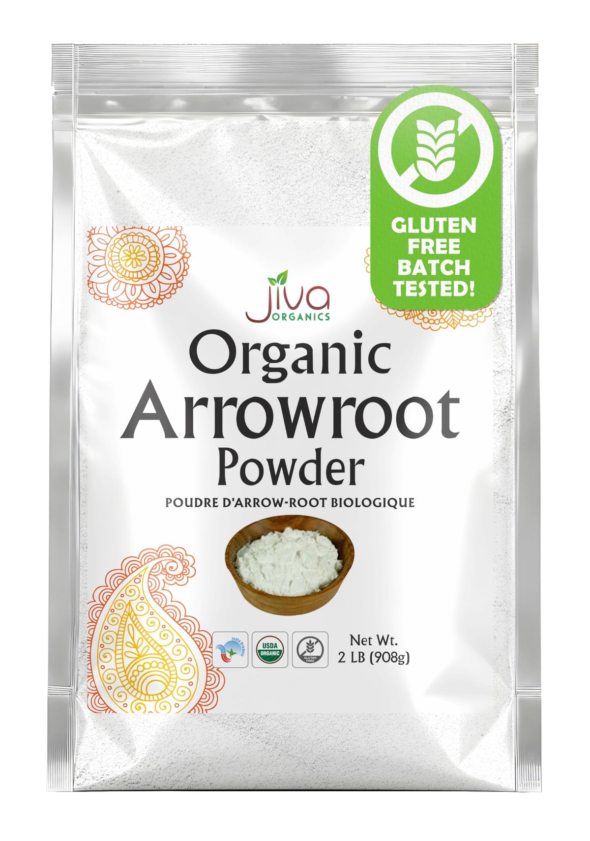 Jiva Organics arrowroot flour powder bag closeup for gluten-free thickening in sauces.