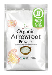 Jiva Organics arrowroot flour powder bag closeup for gluten-free thickening in sauces.