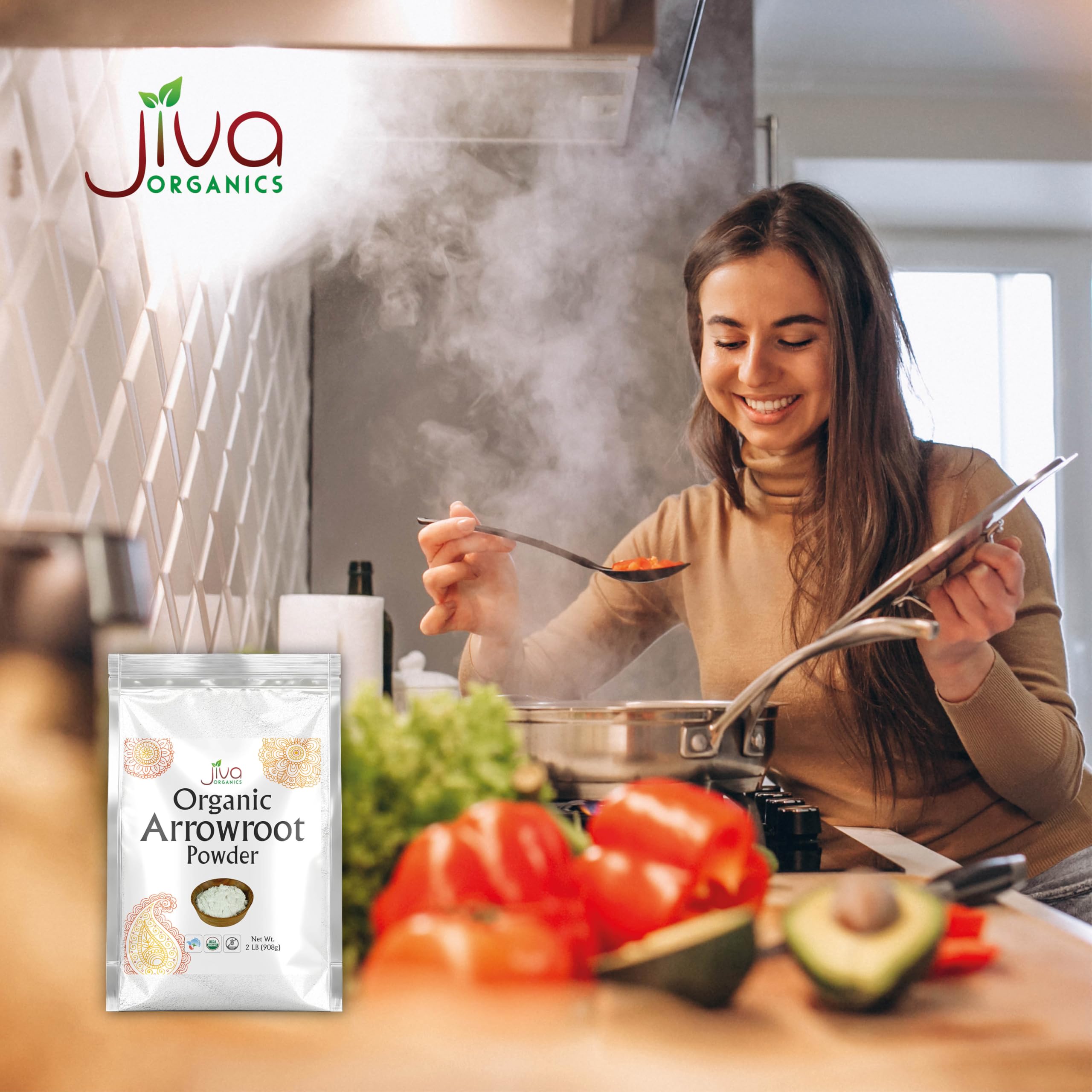 Jiva Organics arrowroot flour powder gluten-free label with clear ingredient notes.