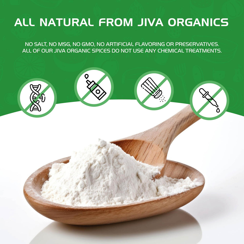 Jiva Organics arrowroot flour powder pantry shot emphasizing everyday cooking versatility.