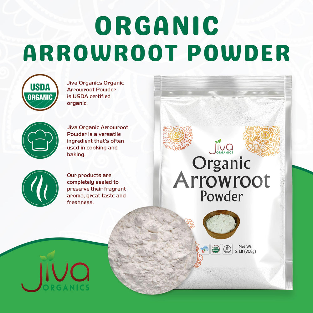 Jiva Organics arrowroot flour powder measuring spoon highlighting precise thickening options.
