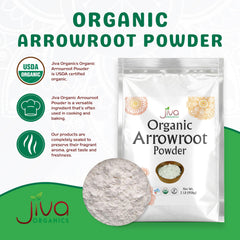 Jiva Organics arrowroot flour powder measuring spoon highlighting precise thickening options.