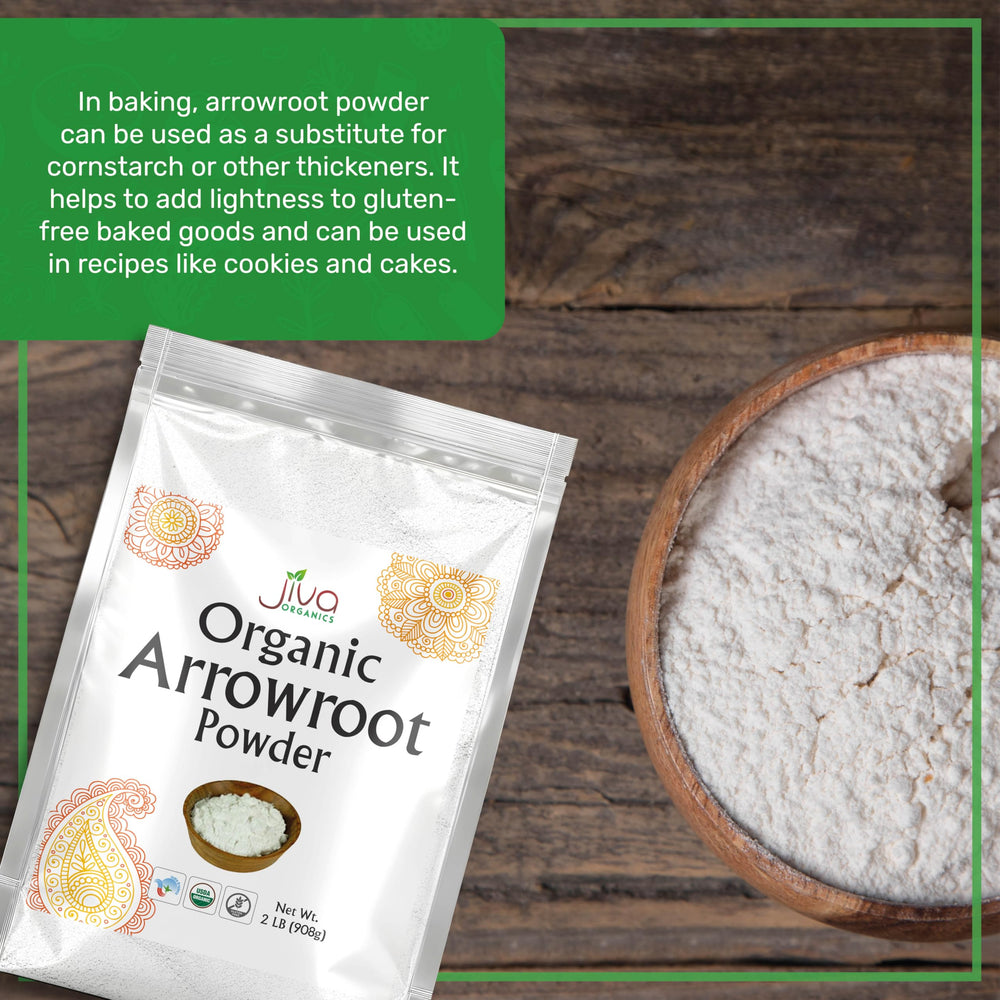 Jiva Organics arrowroot flour powder packaging label demonstrates organic and non-GMO credentials.