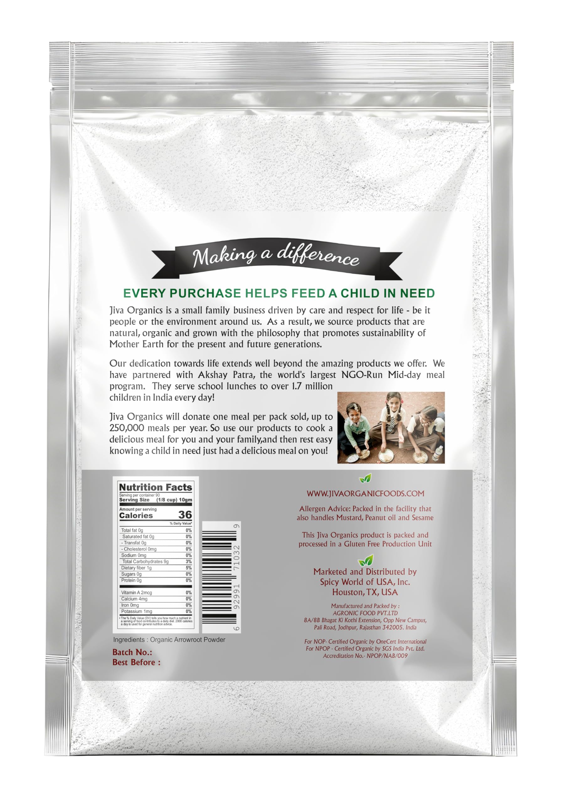 Jiva Organics arrowroot flour powder pouring into bowl showing smooth neutral flavor.