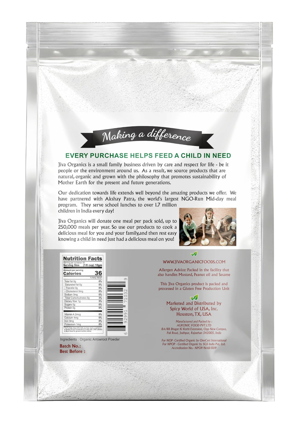 Jiva Organics arrowroot flour powder pouring into bowl showing smooth neutral flavor.