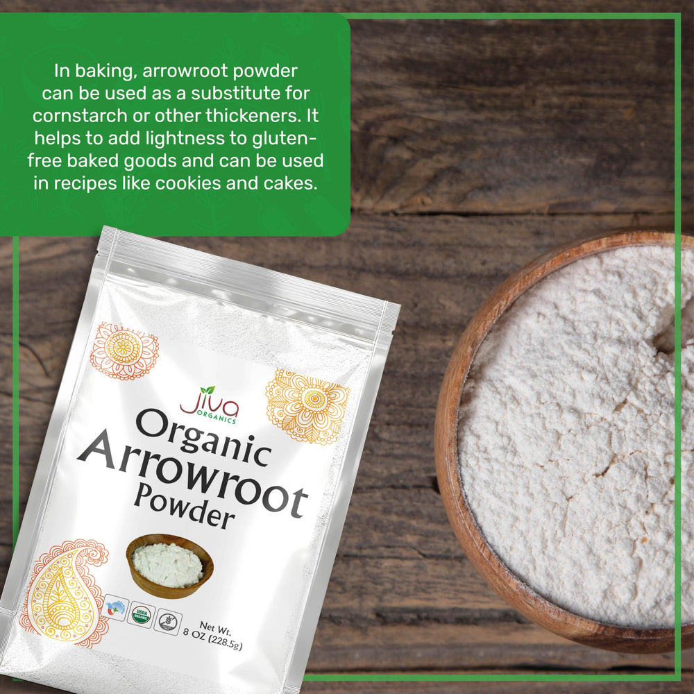 Jiva Organics arrowroot flour sifted on a kitchen counter for baking