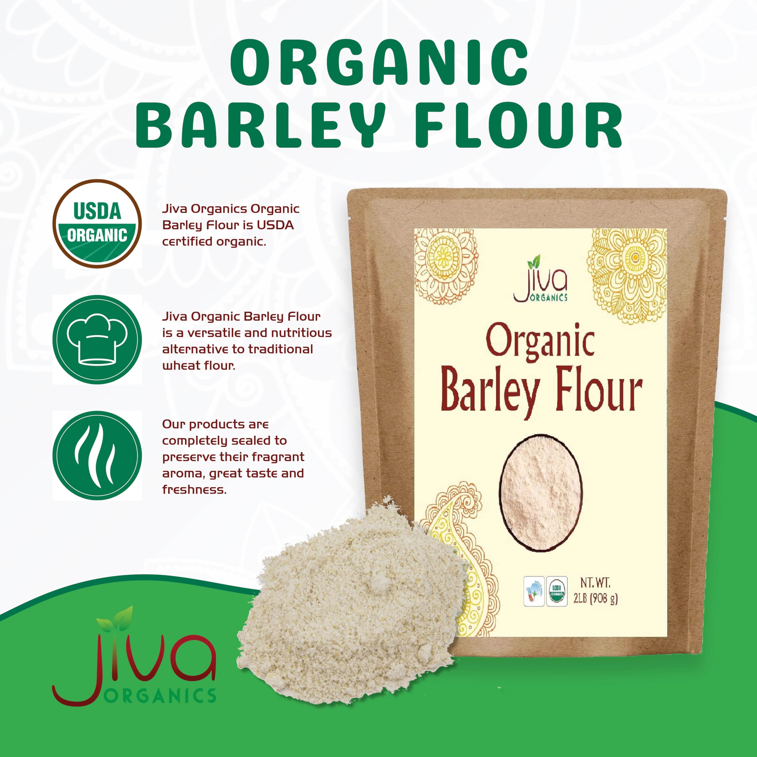 Jiva Organics Barley Flour 2lb in a mixing bowl highlights easy incorporation into dough