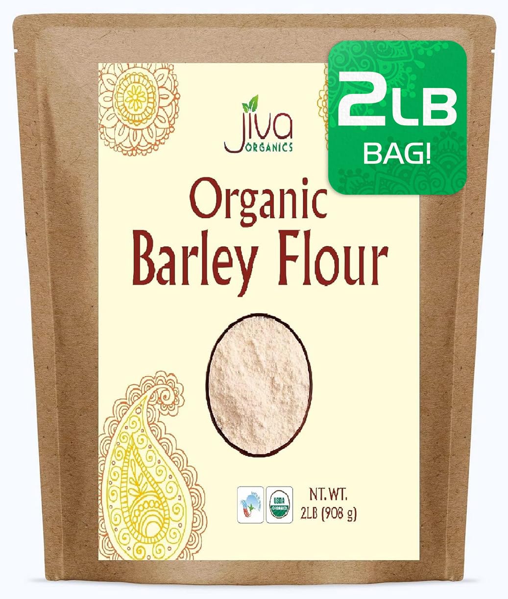 Jiva Organics Barley Flour 2lb packaging shows eco friendly packaging for a versatile baking staple