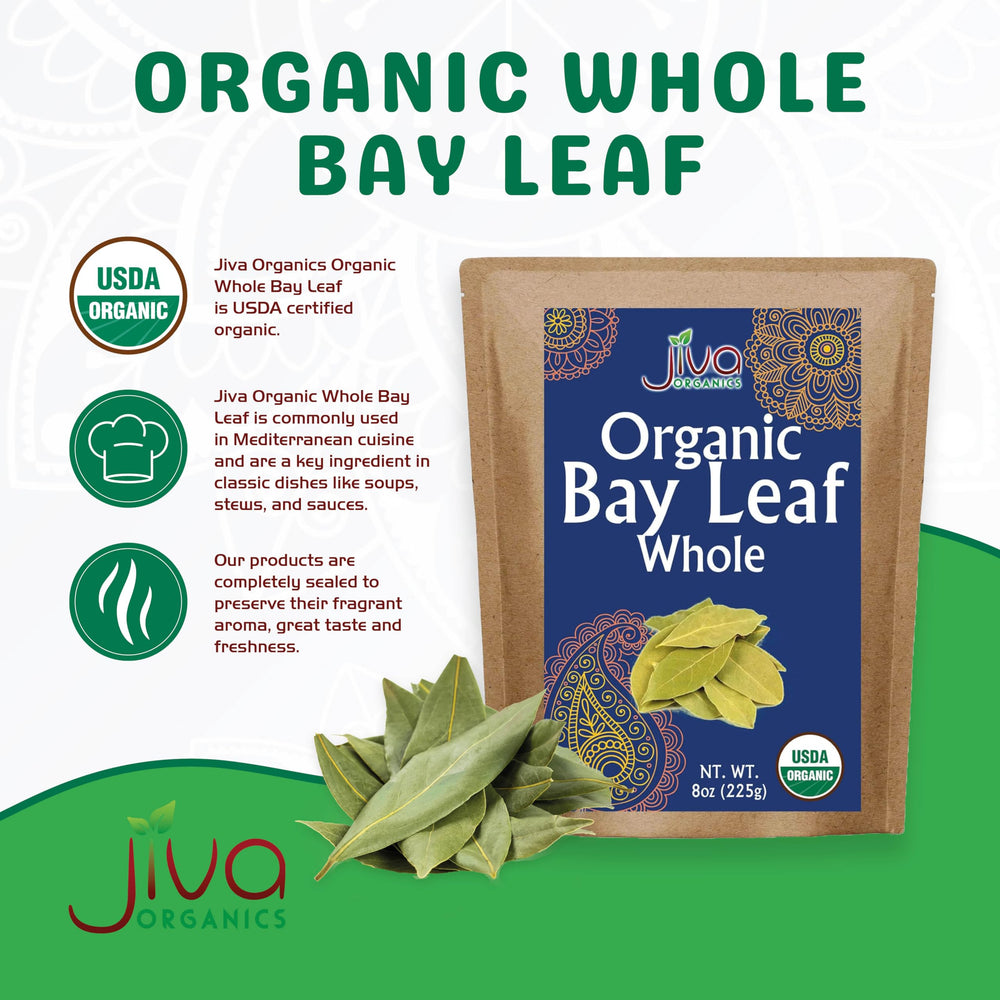 Aromatic bay leaves from Jiva Organics close-up for curries and soups.