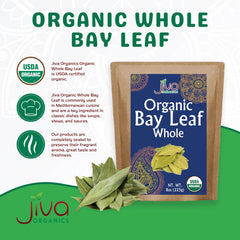 Aromatic bay leaves from Jiva Organics close-up for curries and soups.