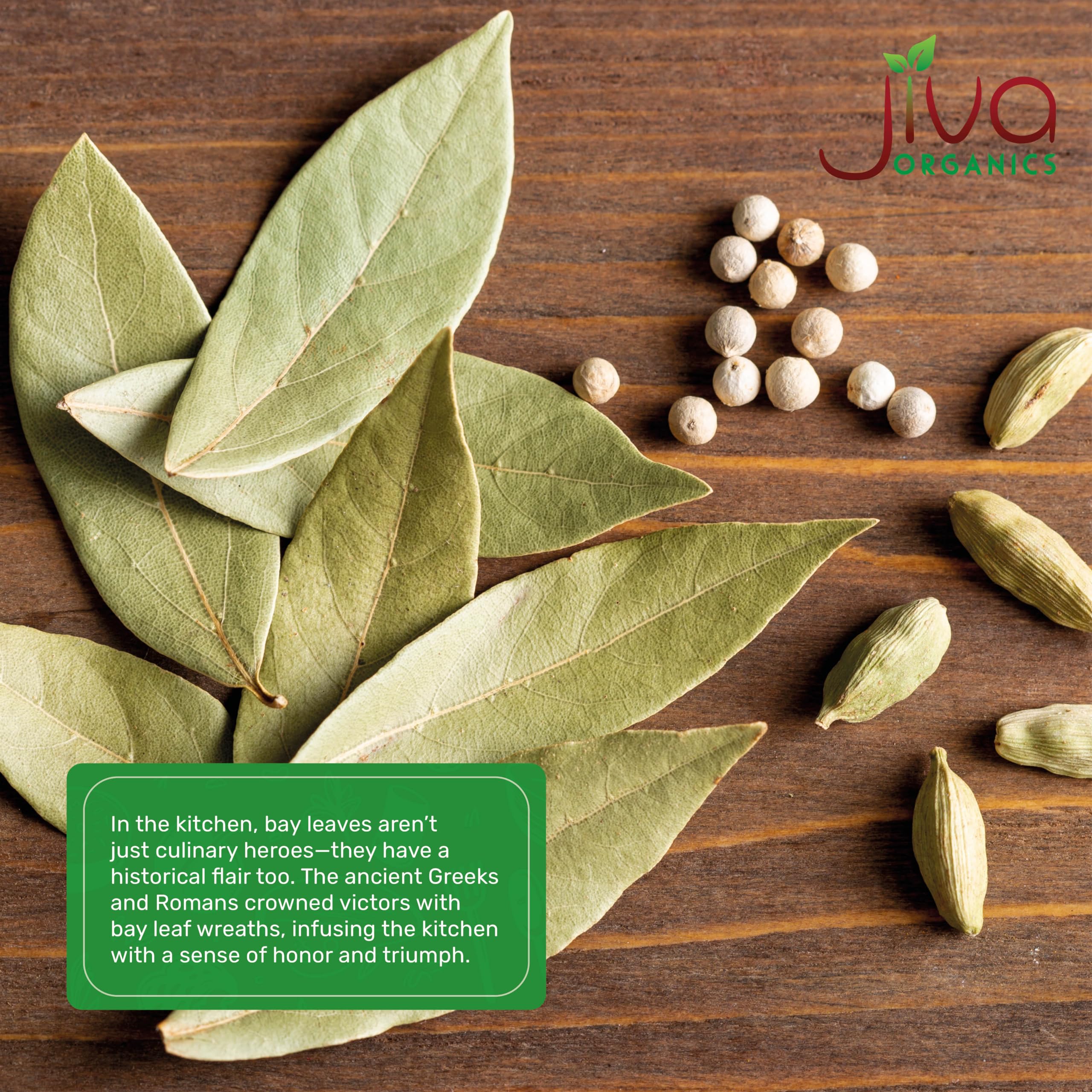 Spice from India, Jiva Organics bay leaves for authentic flavor.