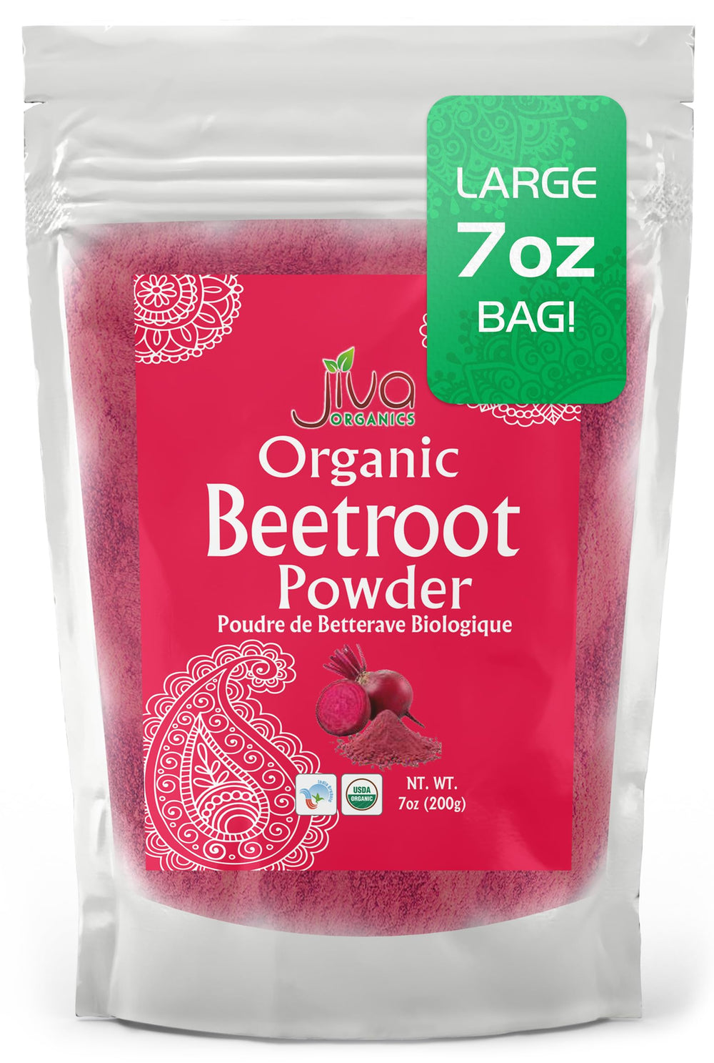Jiva Organics Beet Root Powder bag shows pure powder for smoothies