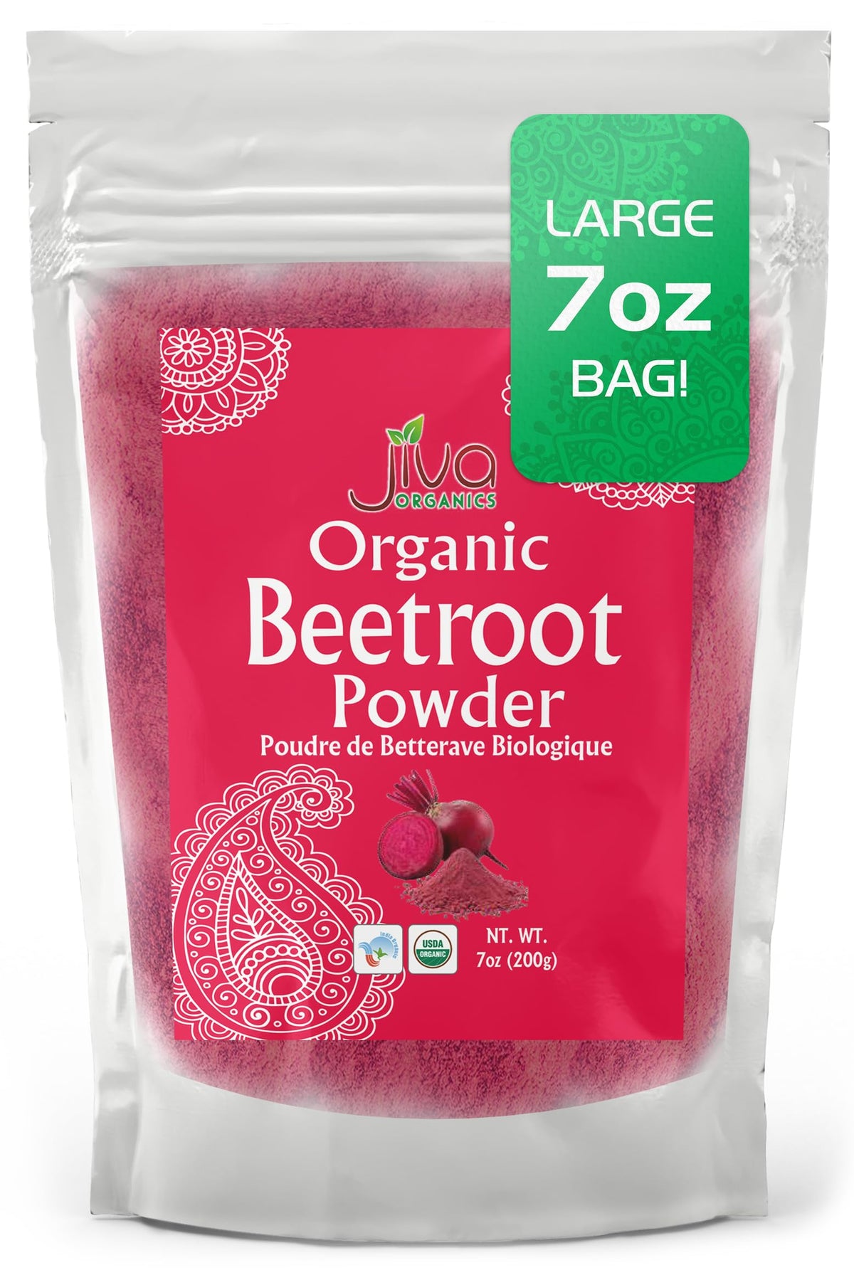 Jiva Organics Beet Root Powder bag shows pure powder for smoothies