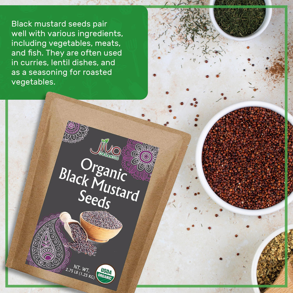 Jiva Organics black mustard seeds bulk bag back with origin and care details.