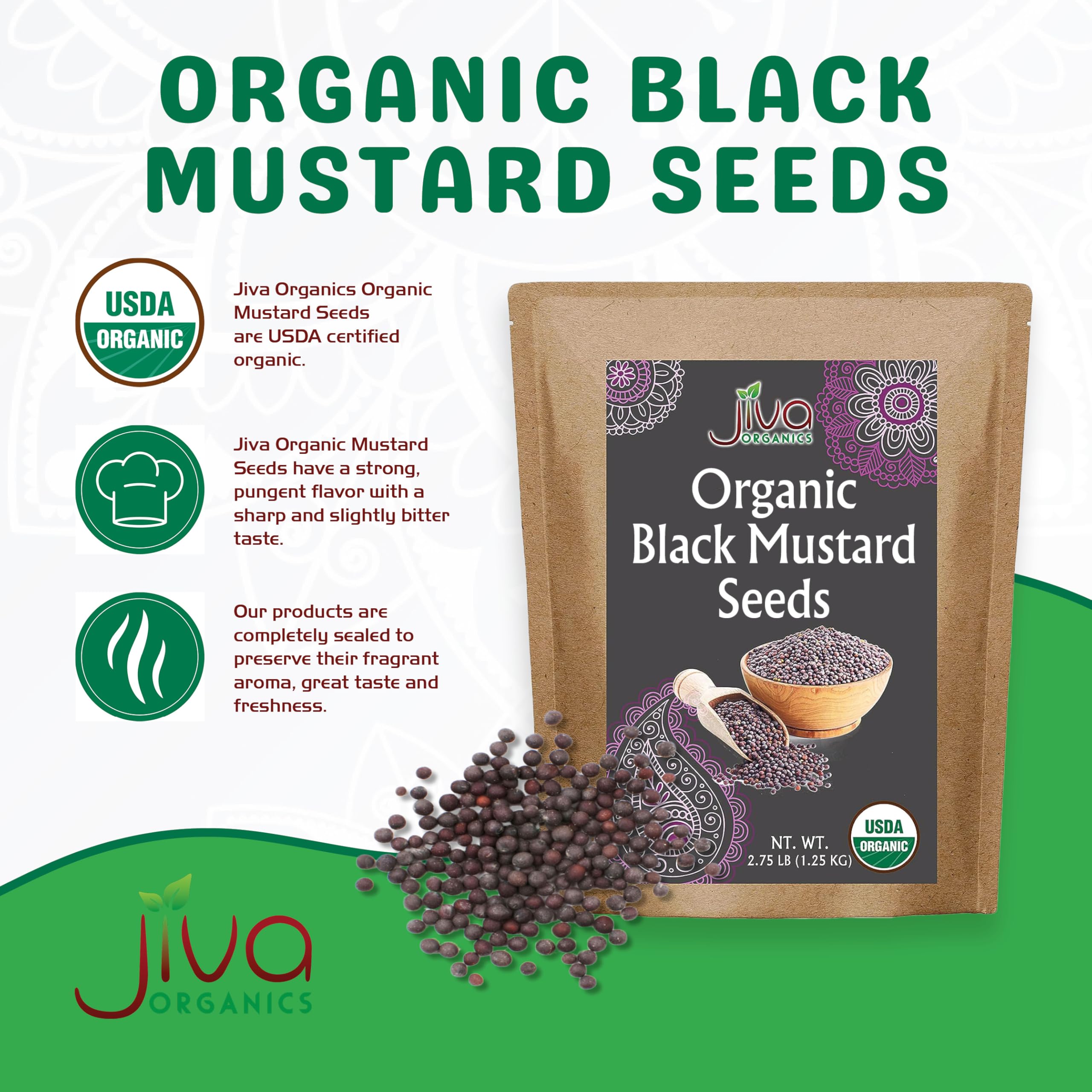 Jiva Organics black mustard seeds bulk bag side shows resealable packaging.