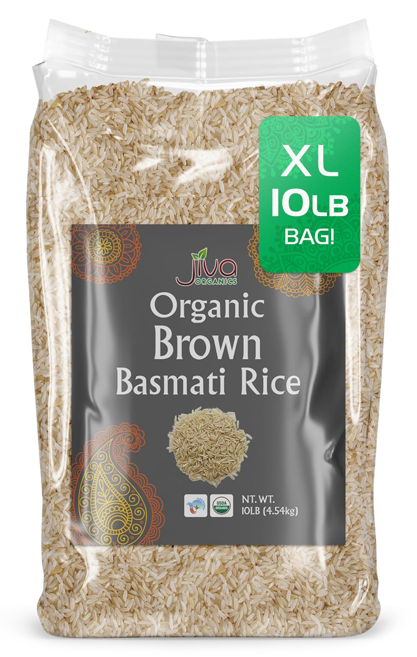 Jiva Organics Brown Basmati Rice 10lb pack, premium organic staple for everyday meals.