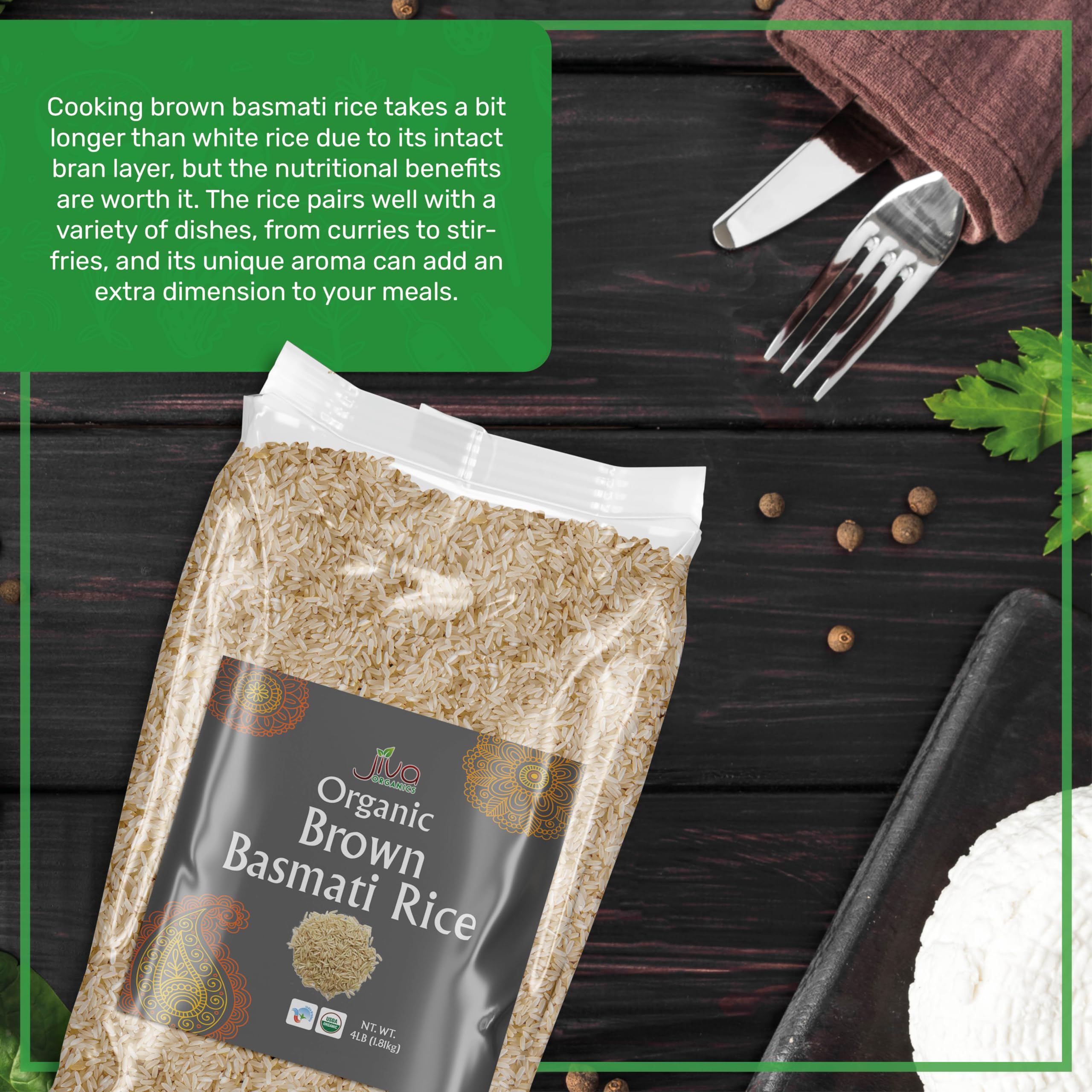 Aroma from Jiva Organics Brown Basmati Rice enhances meals with natural fragrance.