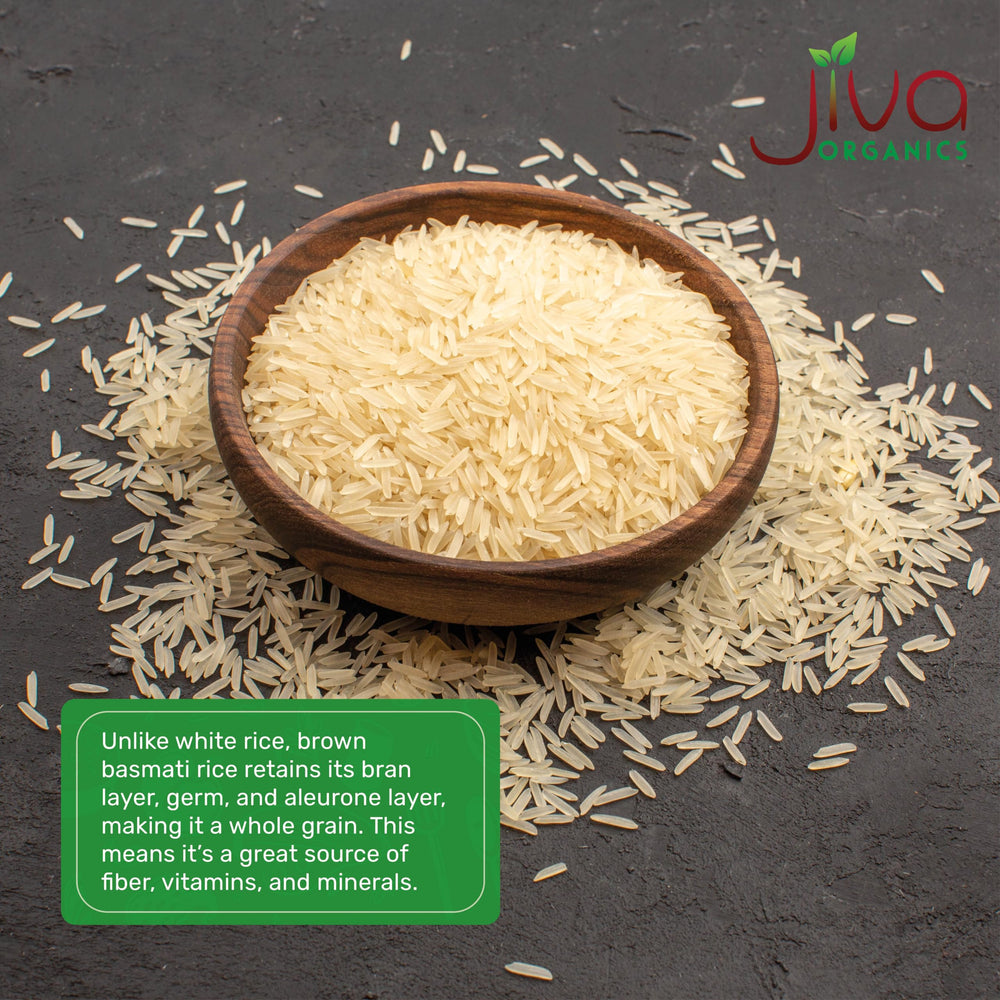 Farmland image shows organic farming roots behind Jiva Organics Brown Basmati Rice.