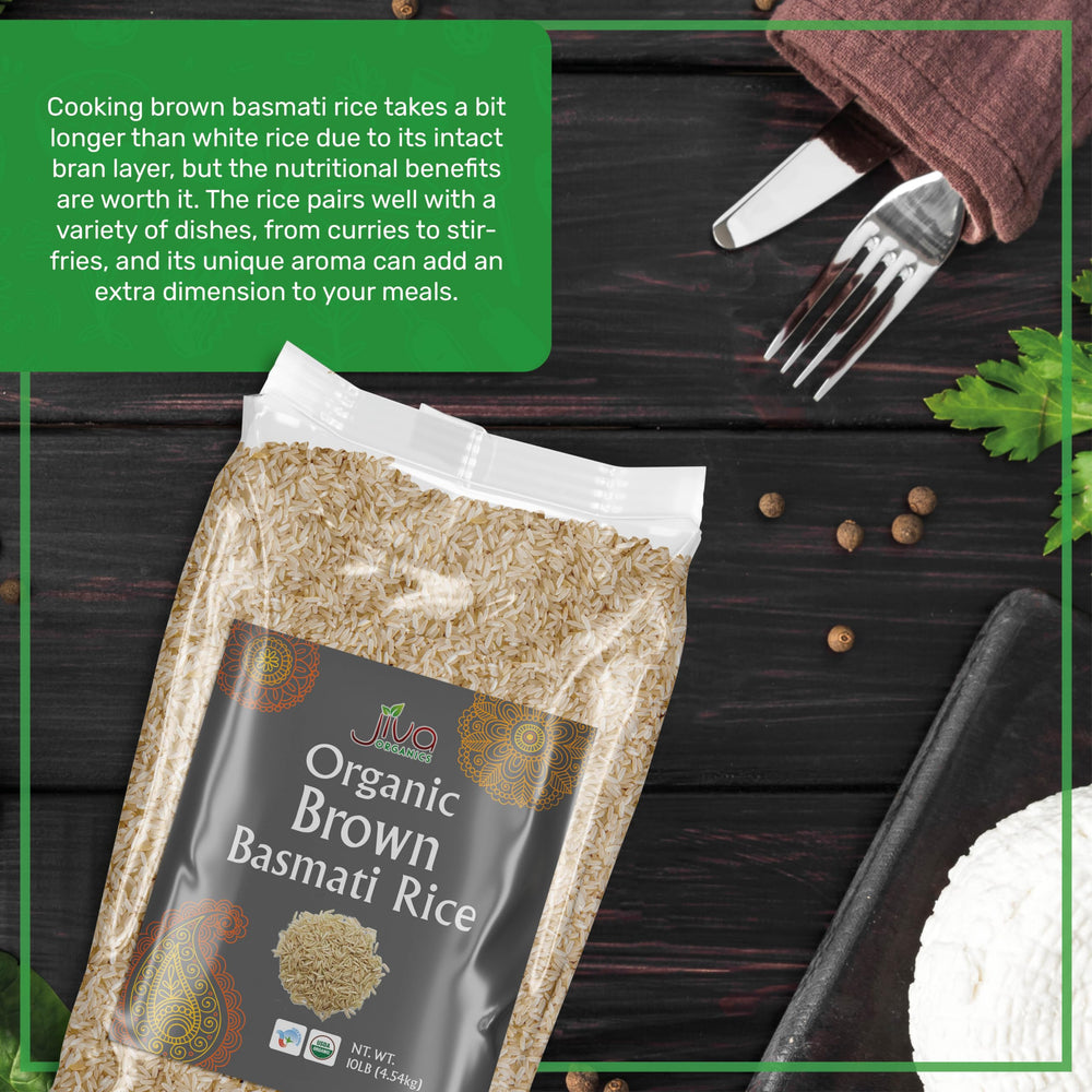 Long grain view of brown basmati rice highlighting fluffy texture when cooked.