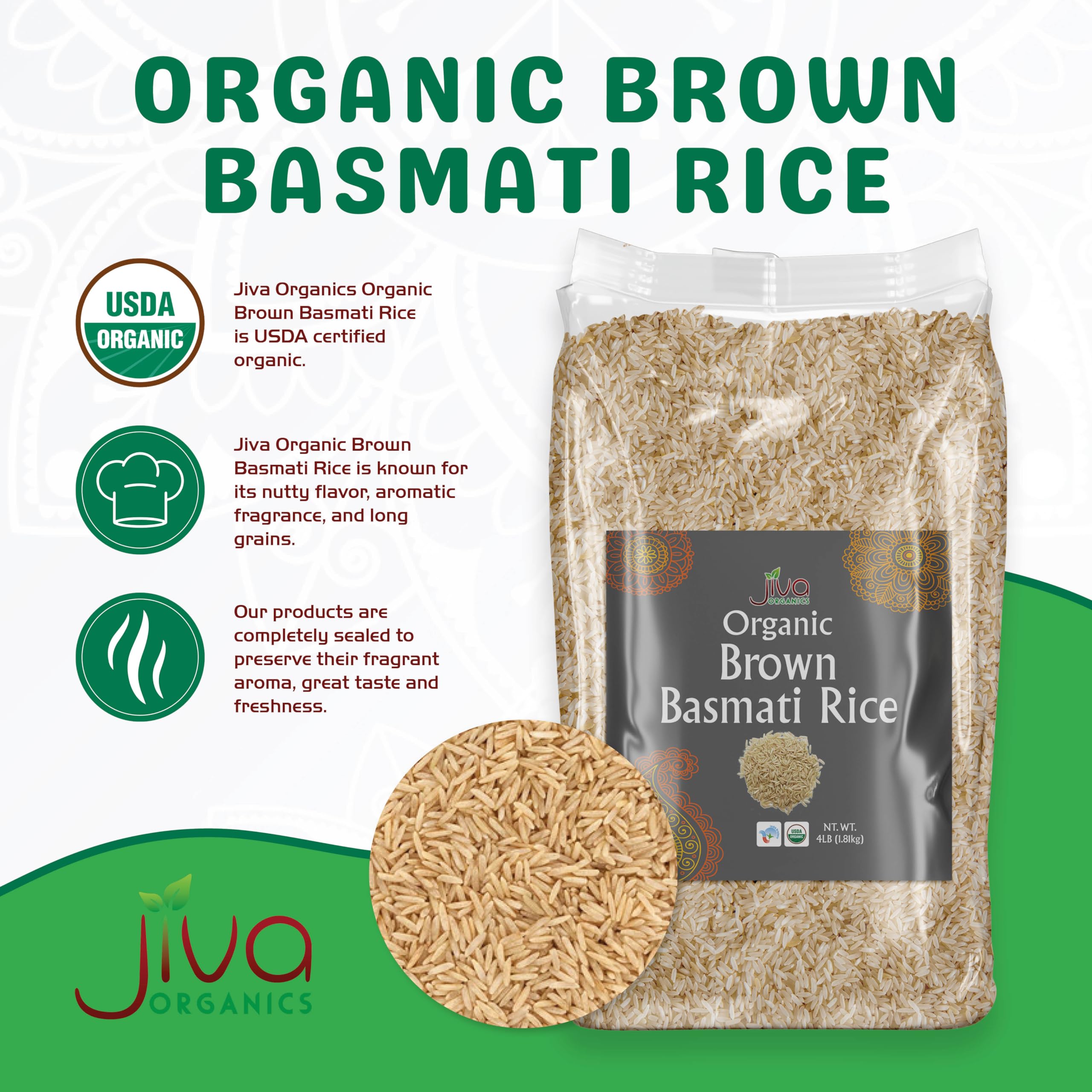 Jiva Organics Brown Basmati Rice long grains promise fluffy texture for dishes.