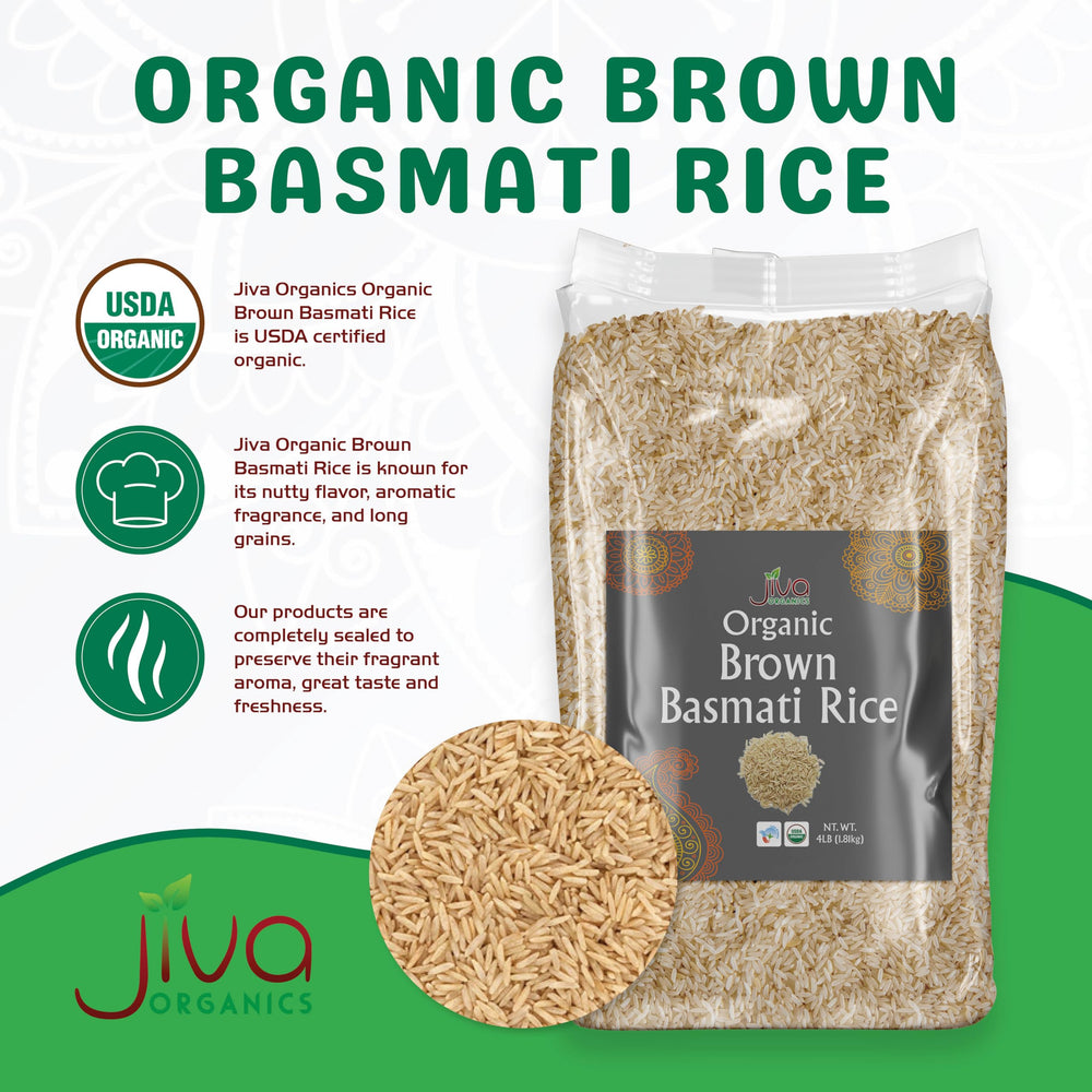 Jiva Organics Brown Basmati Rice long grains promise fluffy texture for dishes.