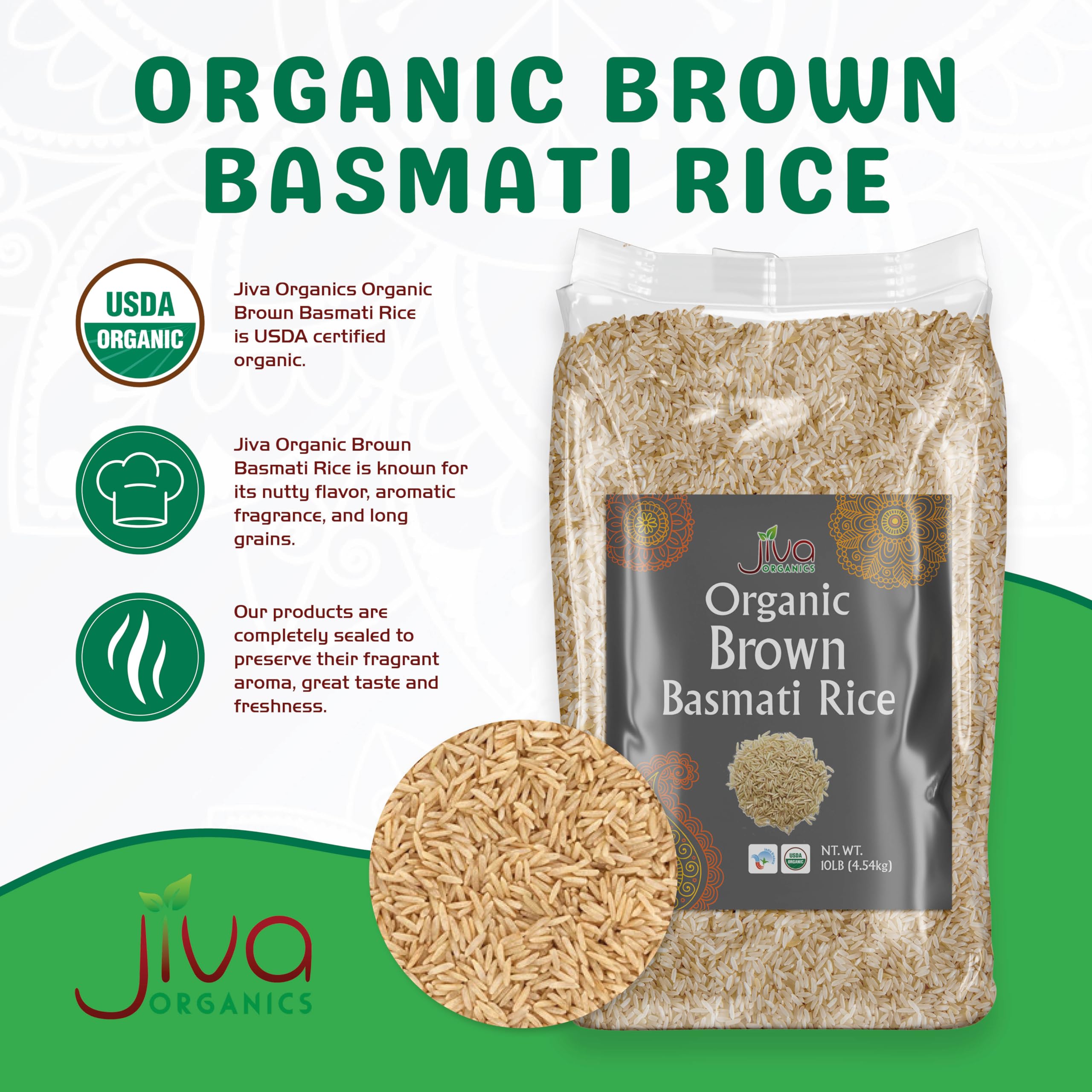 Jiva Organics label on brown basmati rice bag signals certified organic quality from India.