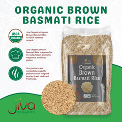 Jiva Organics label on brown basmati rice bag signals certified organic quality from India.