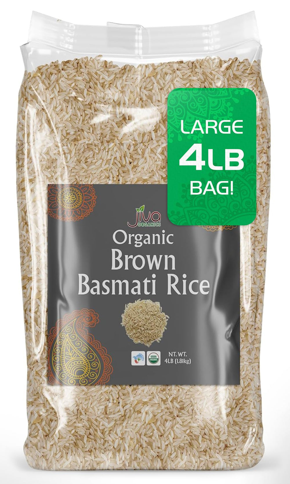 Jiva Organics Brown Basmati Rice packaging highlights premium organic rice for pantry freshness.