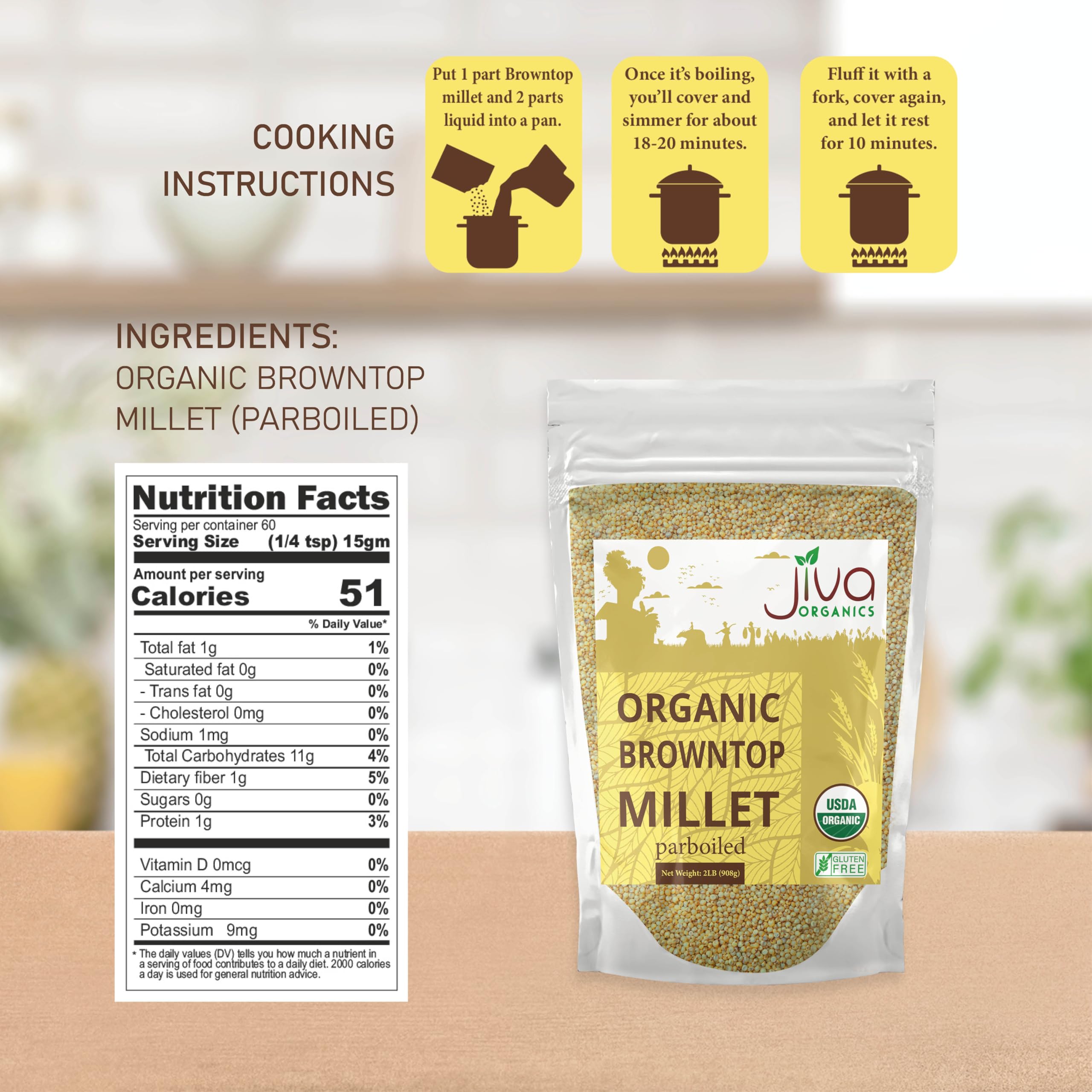 Jiva Organics Browntop Millet bag back, organic label confirms purity for clean cooking
