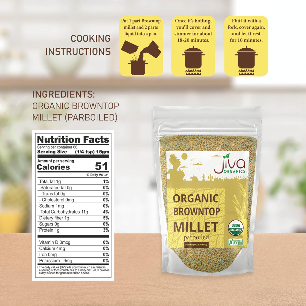 Jiva Organics Browntop Millet bag back, organic label confirms purity for clean cooking