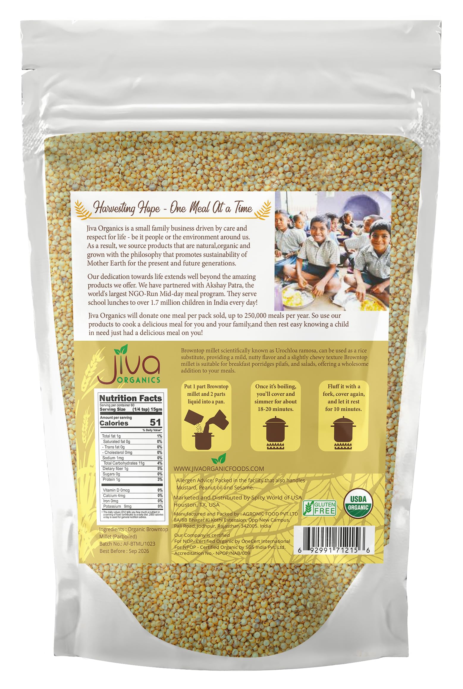 Jiva Organics Browntop Millet raw grains, nutty aroma ideal for everyday dishes
