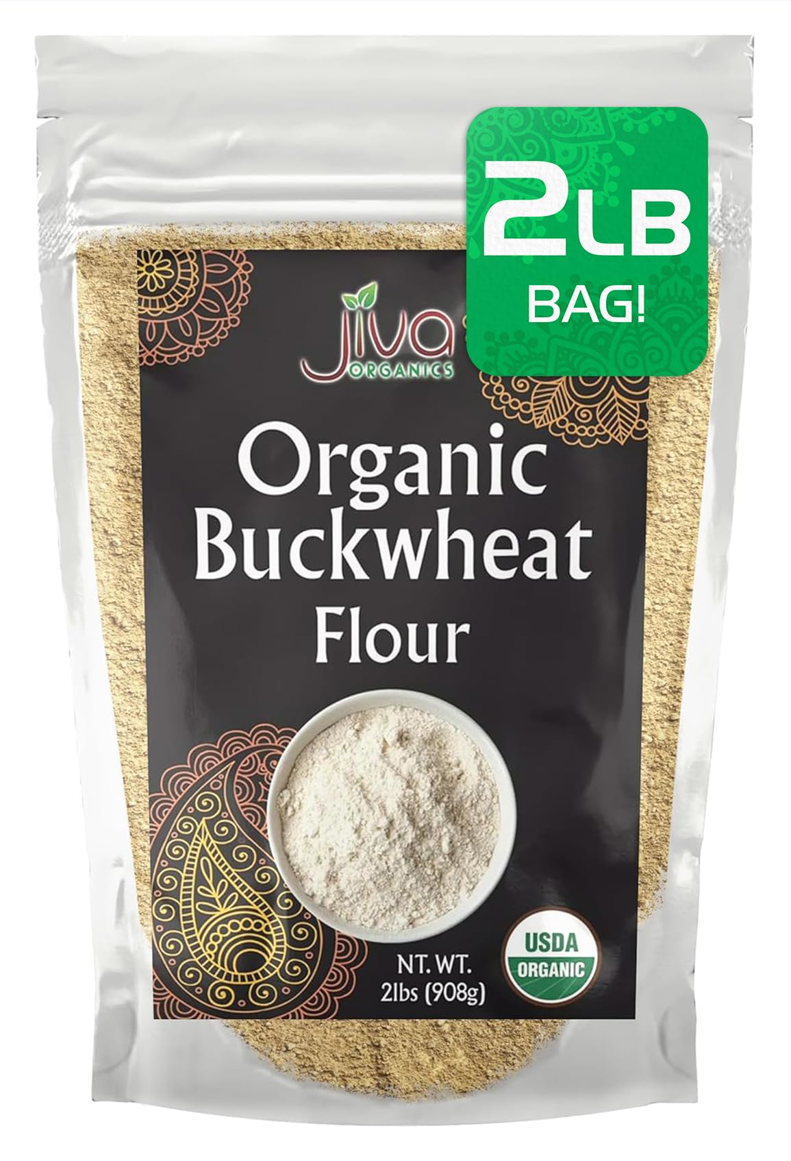 Jiva Organics buckwheat flour in a dark bag for pure, vegan baking.