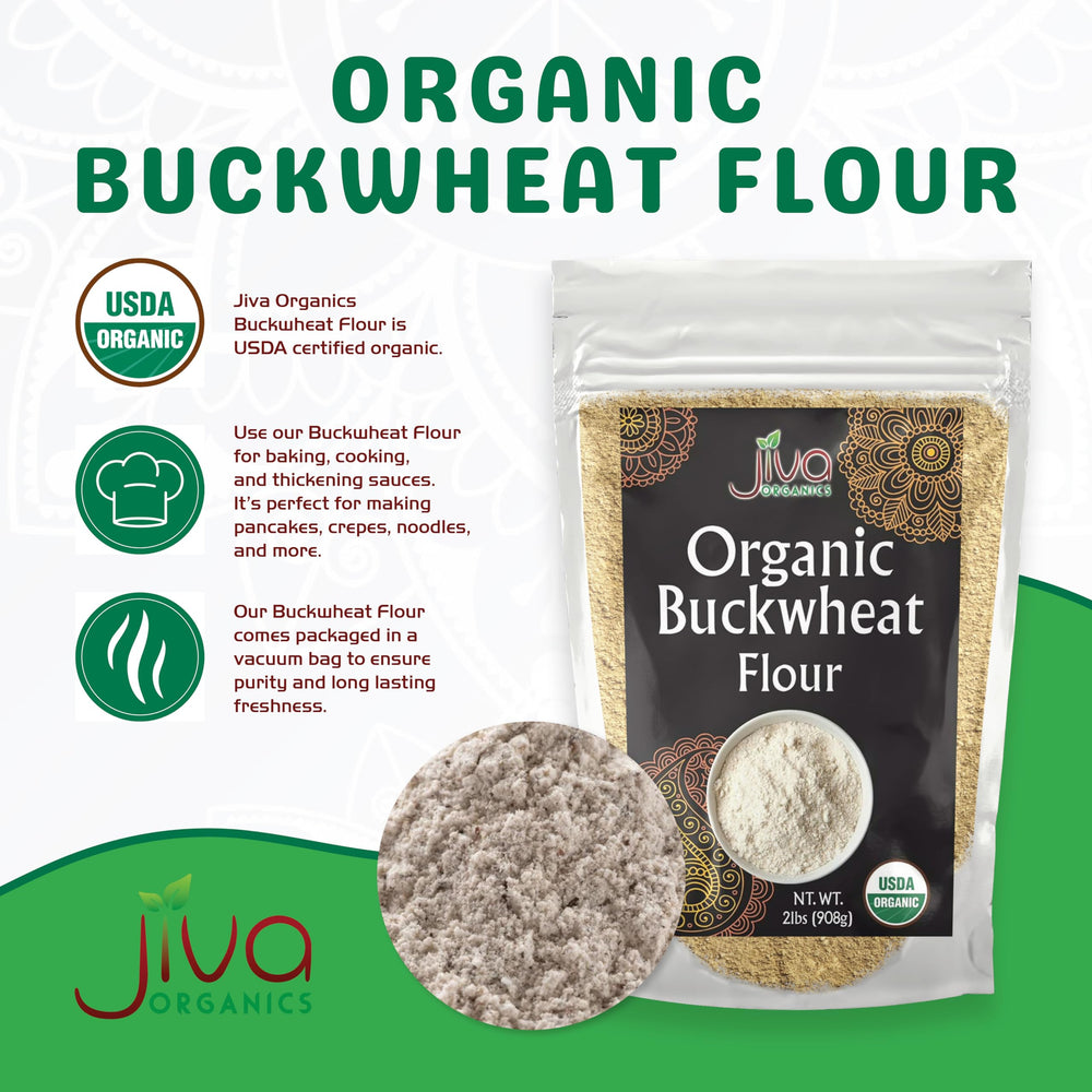 Vacuum-sealed buckwheat flour preserves freshness and purity from Jiva Organics.