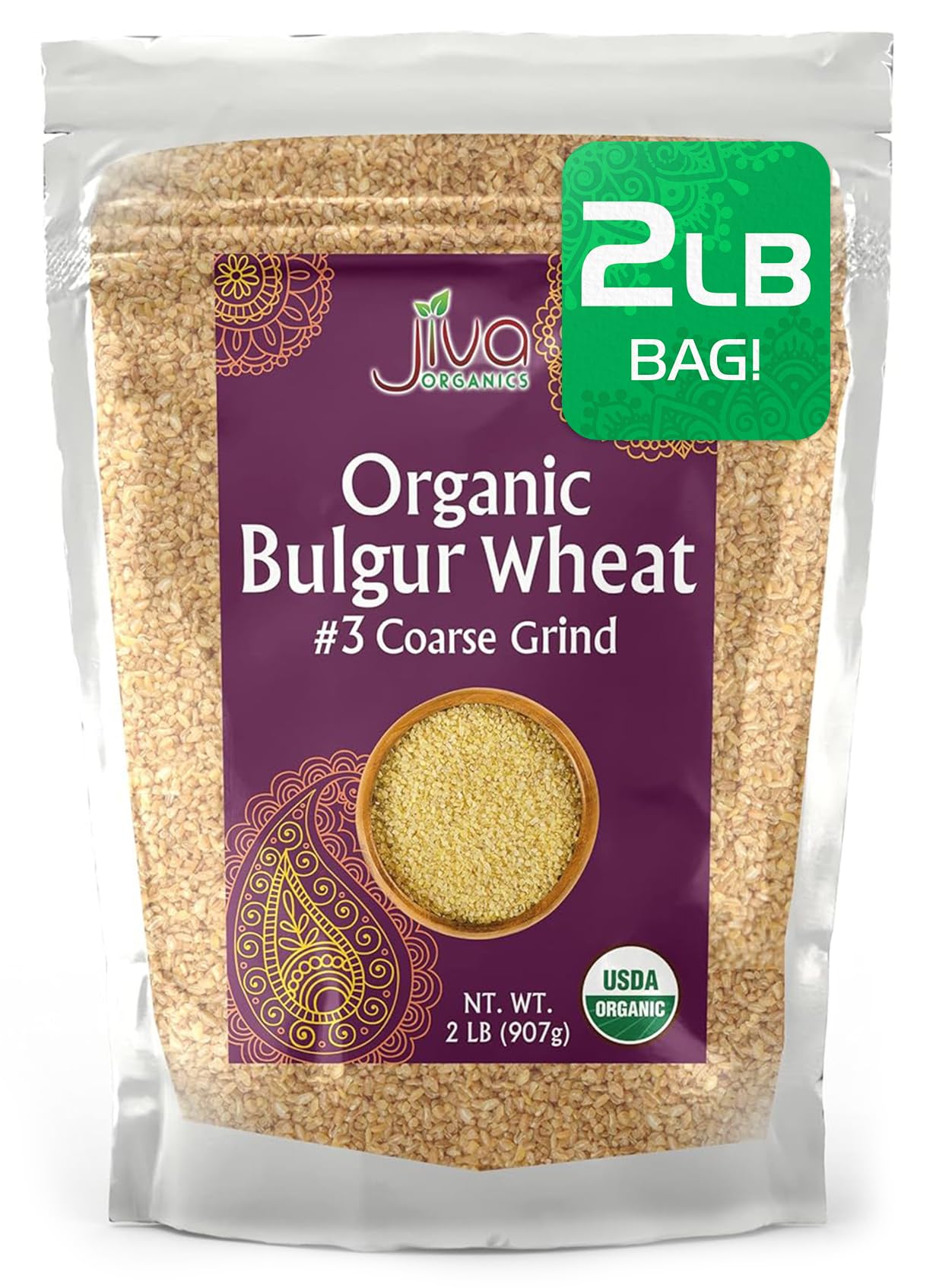 Jiva Organics Bulgur Wheat Coarse #3 front of bag shows US-grown organic grain for versatile meals