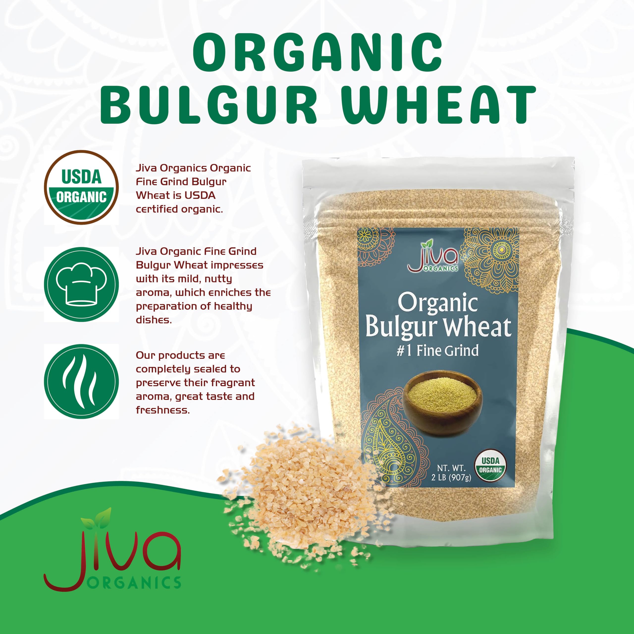 Jiva Organics bulgur wheat fine #1 shows light golden color in texture